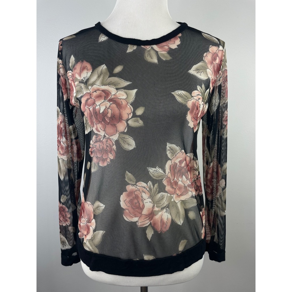 Naples Floral Mesh Sheer Long Sleeve Top Black Pink T1246 Made in USA